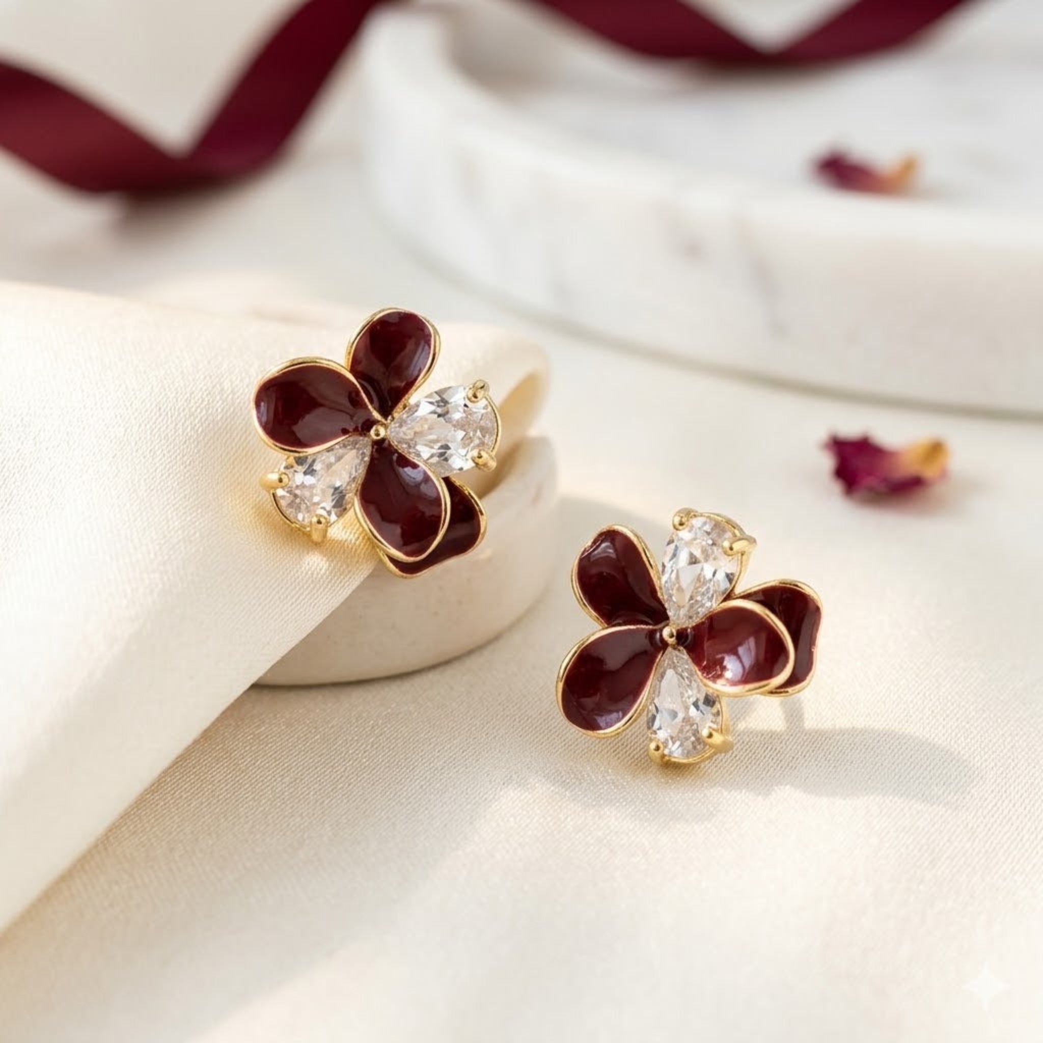 Crimson Bloom: The Enamel & Crystal Flower Studs