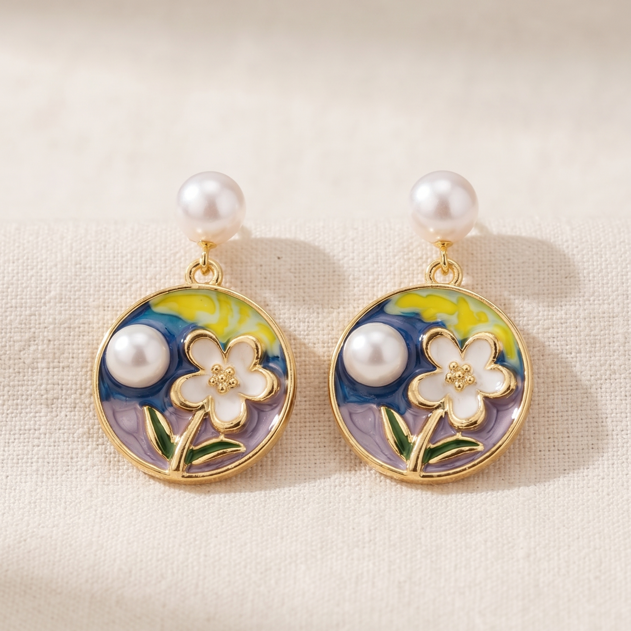 Ethereal Bloom: The Enamel &amp; Pearl Drop Earrings