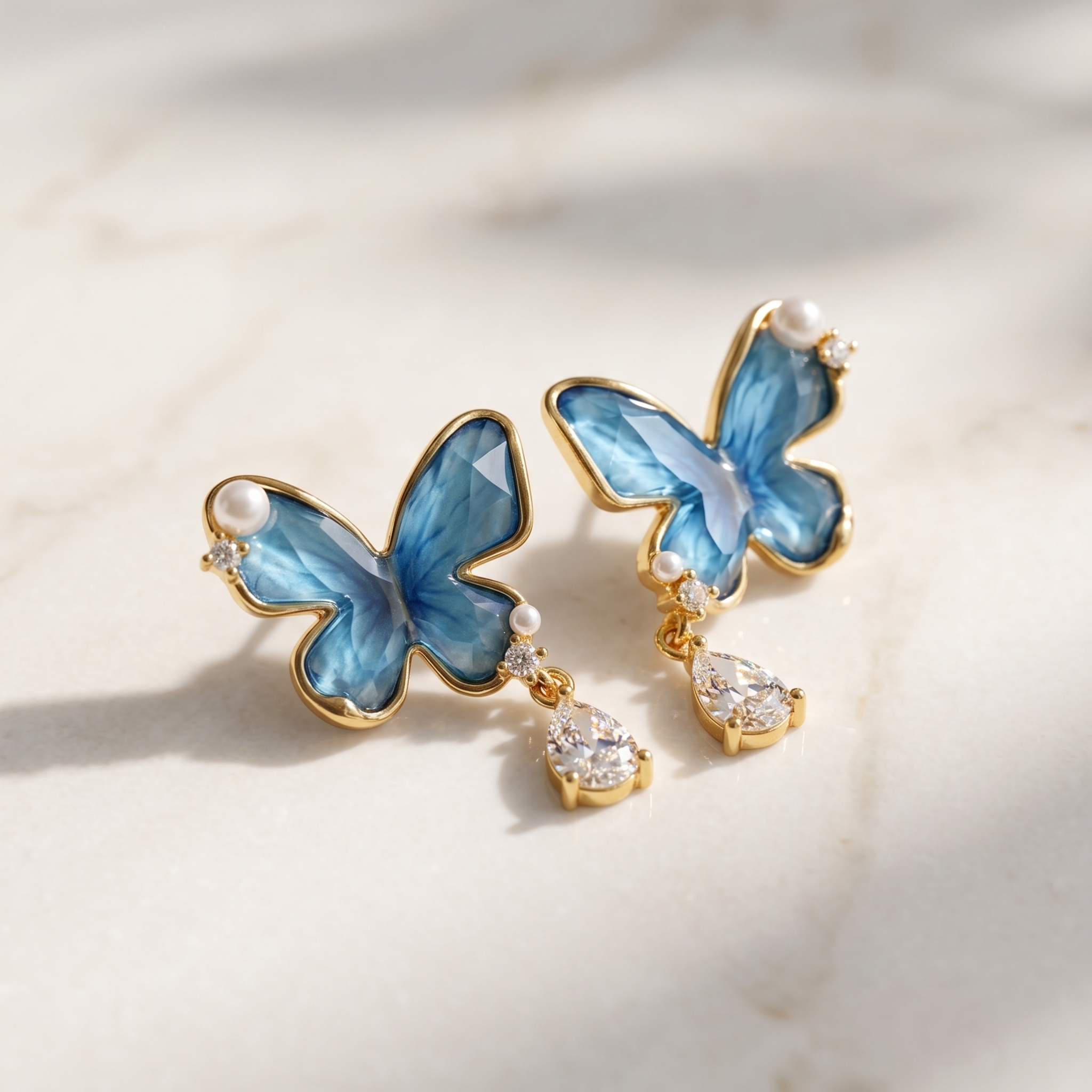 Ethereal Serenade: The Blue Butterfly &amp; Pearl Studs