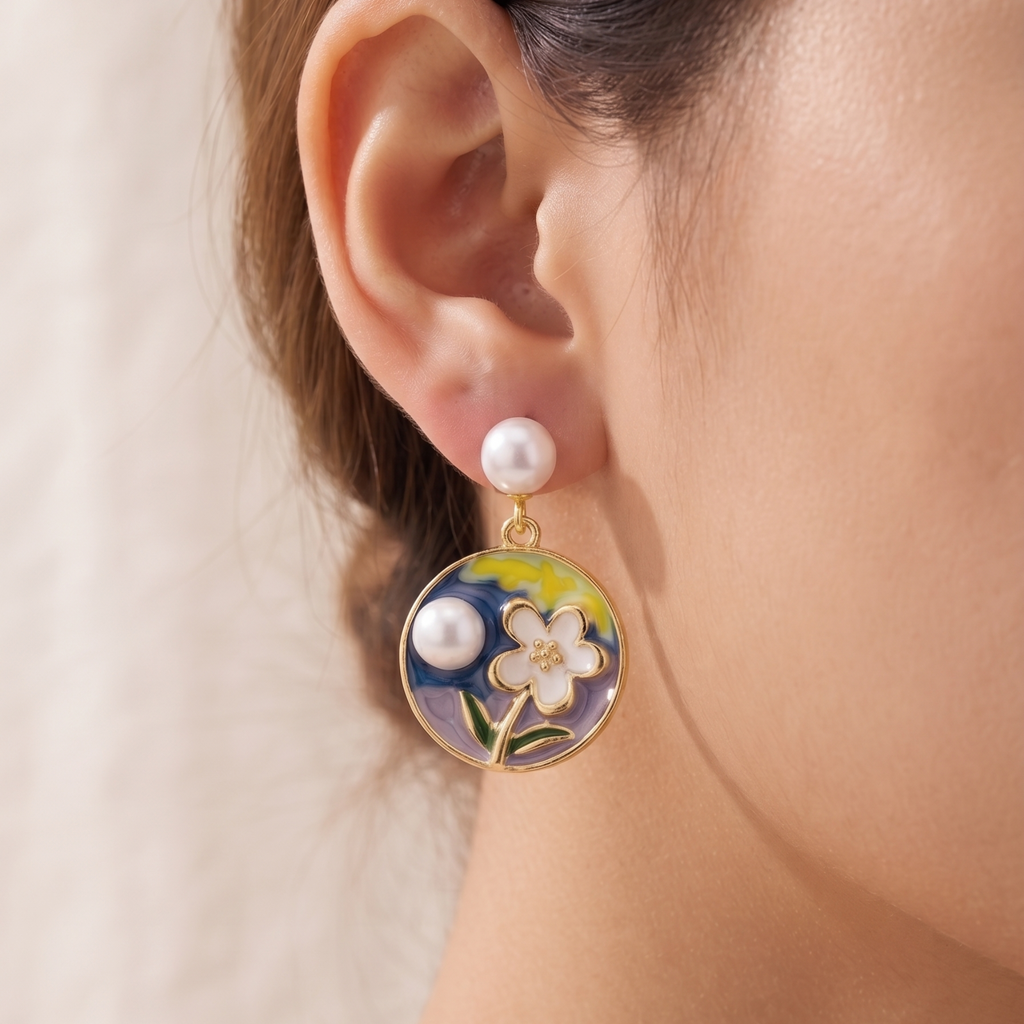 Ethereal Bloom: The Enamel &amp; Pearl Drop Earrings