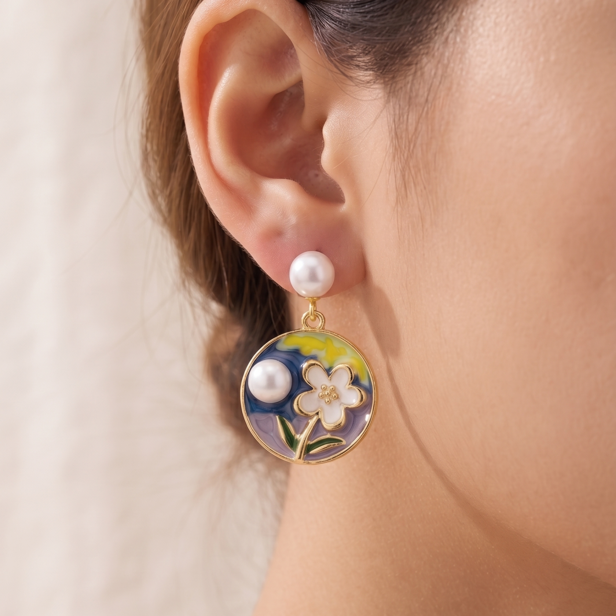 Ethereal Bloom: The Enamel &amp; Pearl Drop Earrings