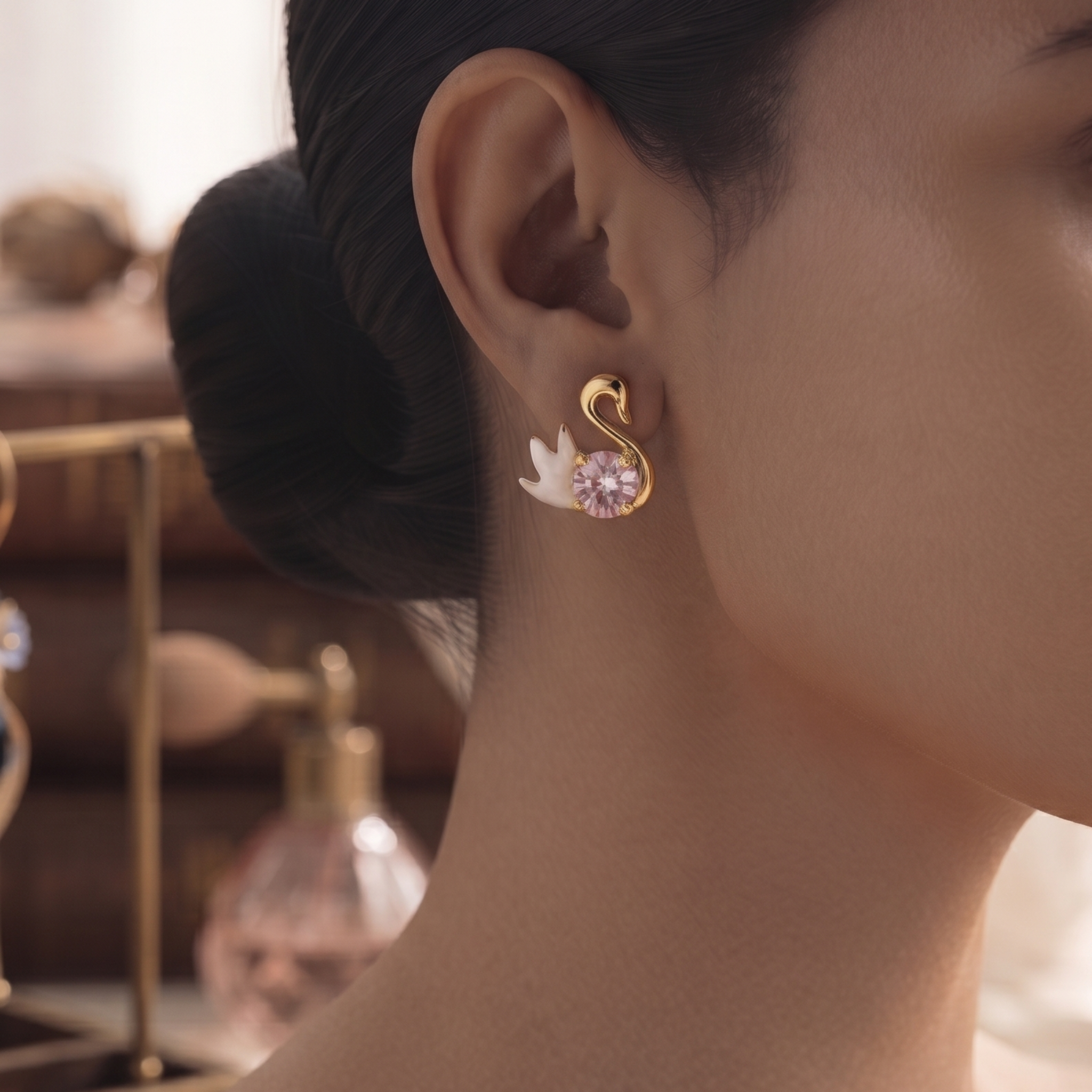 Graceful Swan: The Pink Crystal Stud Earrings