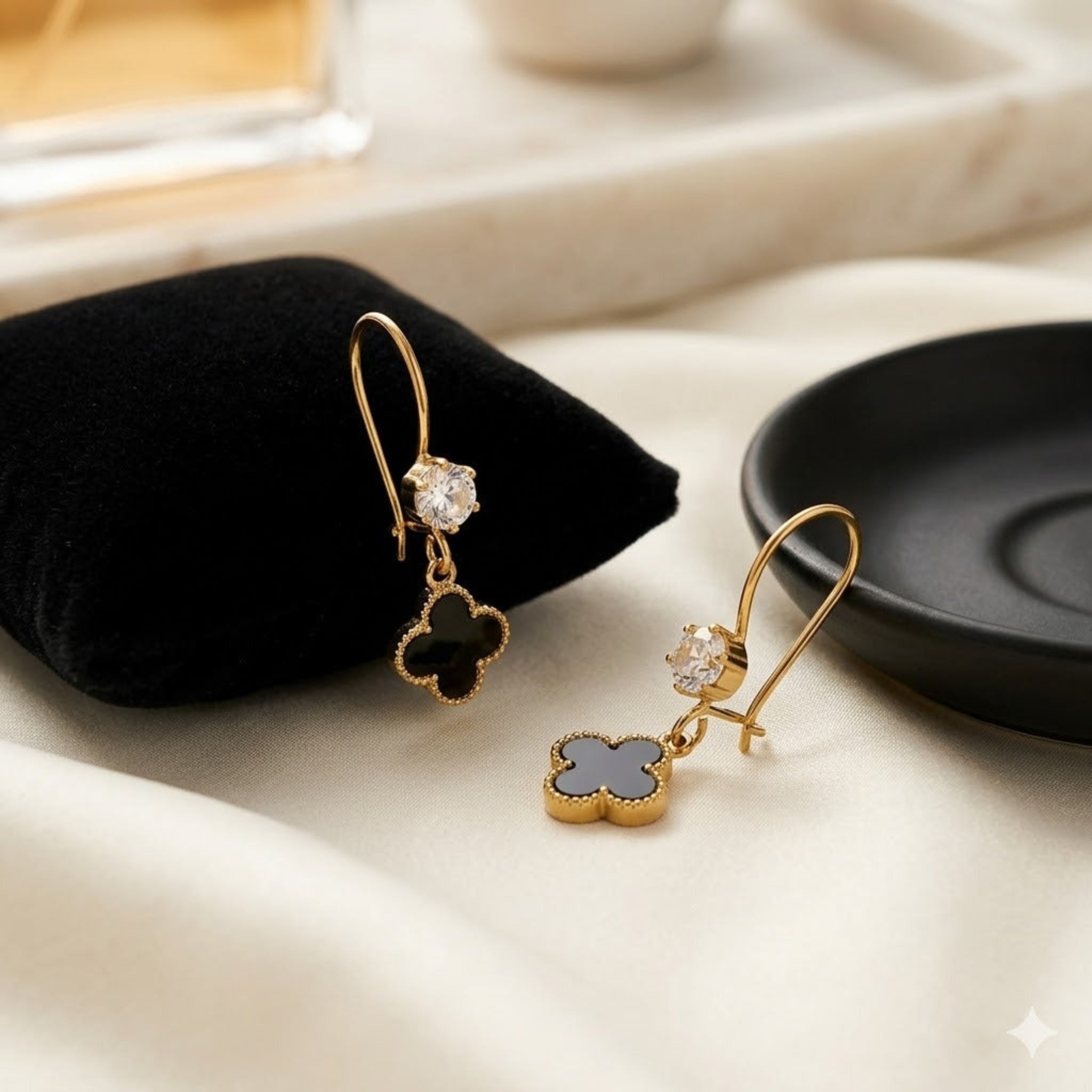 Midnight Clover: The Black & Crystal Drop Earrings