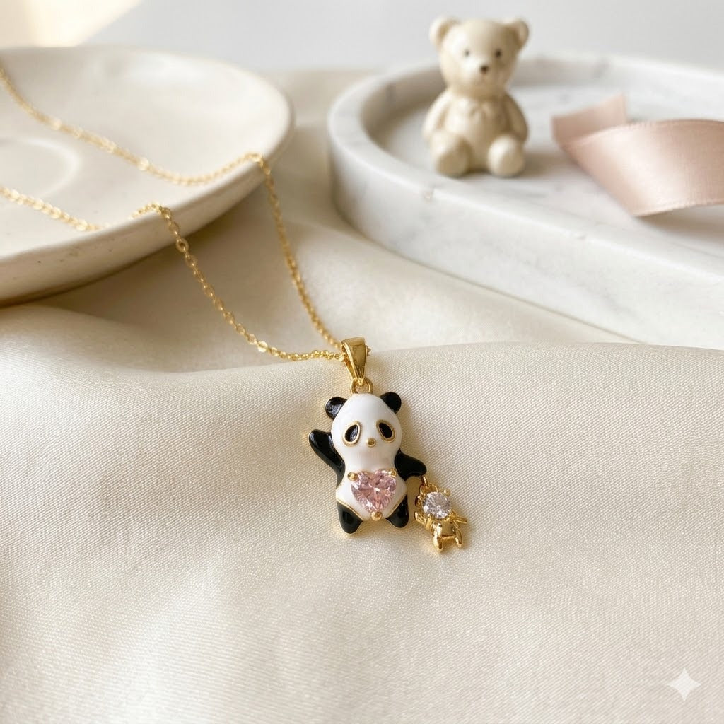 Playful Panda: The Crystal Heart Pendant Necklace