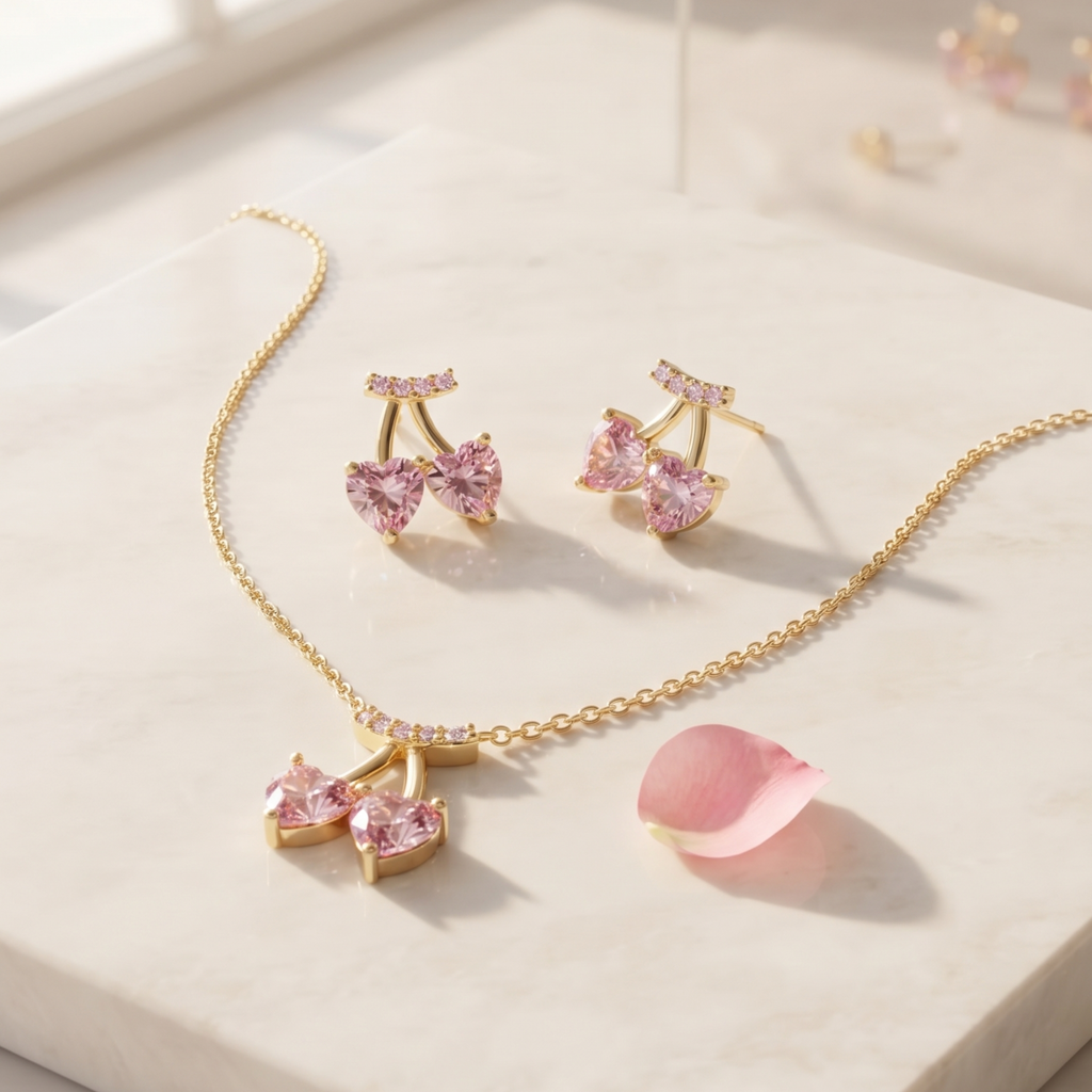 Sweet Serenade: The Pink Heart Cherry Matching Set